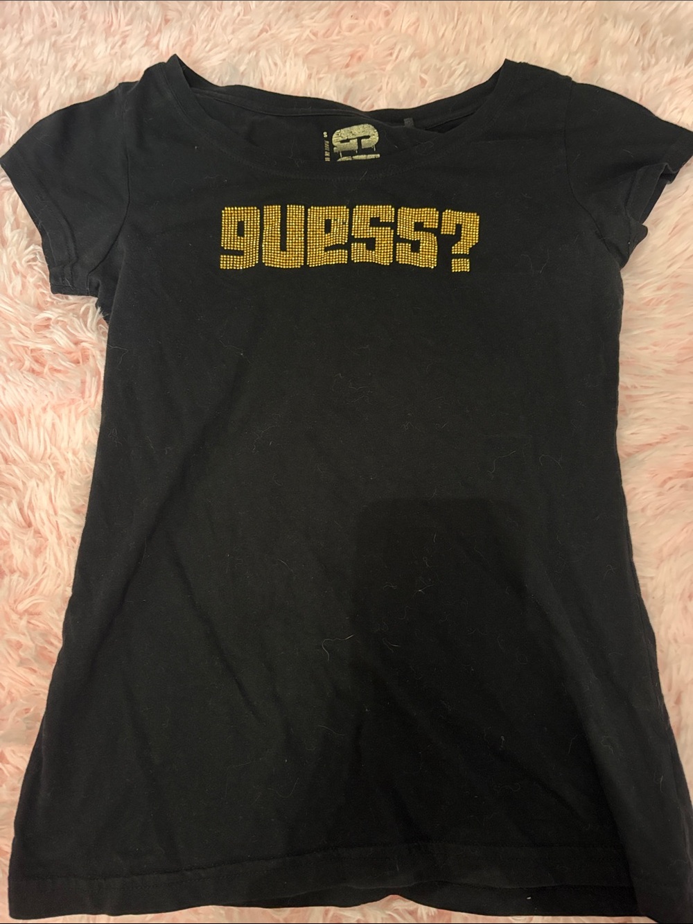 Vintage Guess Black Tee with Gold Stud Logo Spellout